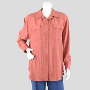 Vintage Pure Silk Long Sleeve Blouse NWT, Pink Salmon, Women's Large